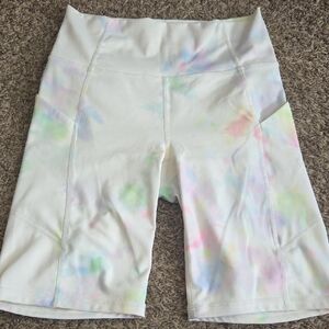 Fabletics White High-Rise Tie-Dye Bike Shorts with Pastel Accents